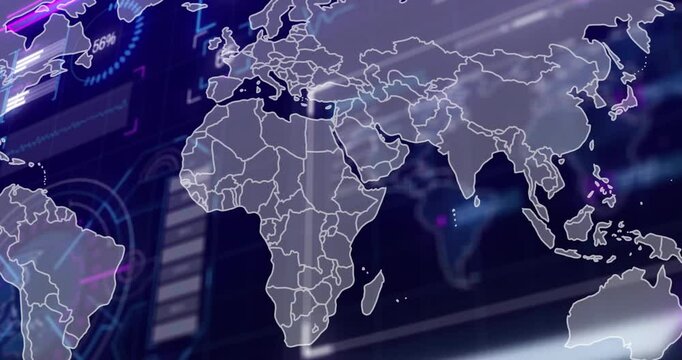 Data processing animation showing world map with country borders