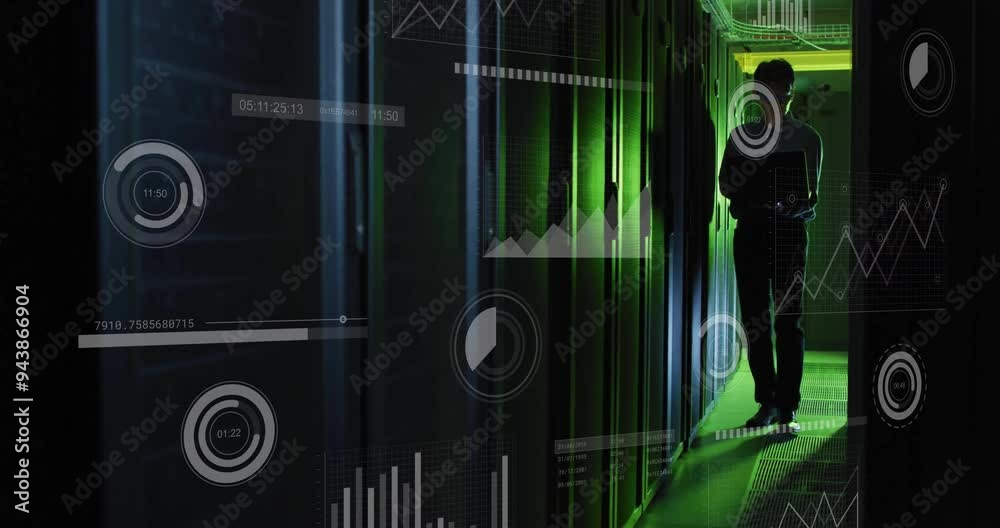 Poster data analytics and graphs animation over person walking in server room