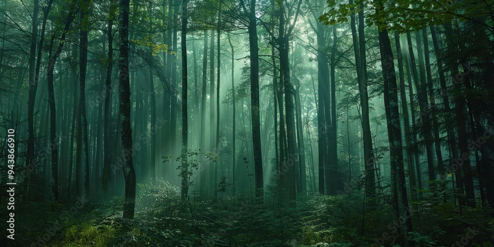 Wall mural misty forest path