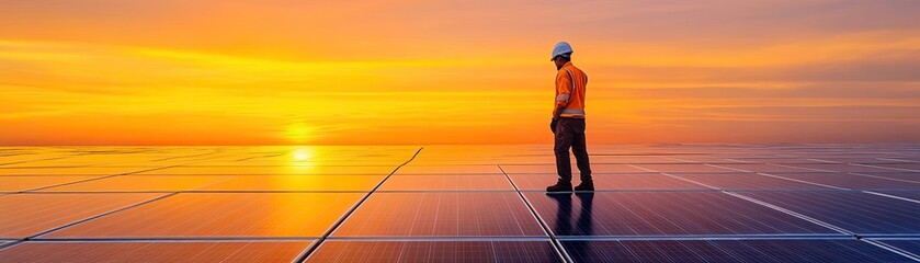 A technician inspecting solar panels at dusk