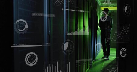 Data analytics and graphs animation over person walking in server room