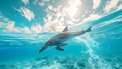 Fototapeta premium nice bottle nose dolphin swimming in blue crystal water