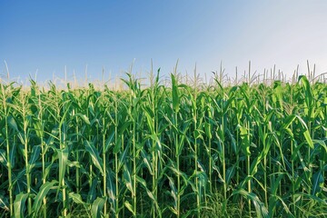 A vibrant cornfield with tall, lush green stalks stretching towards a clear blue sky, capturing the essence of summer and agricultural abundance.