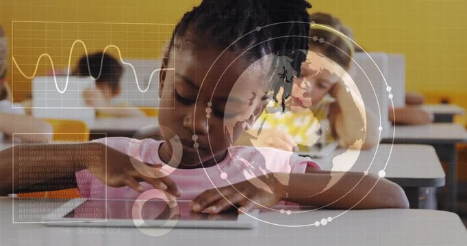 Studying at desk, children with digital data animation in school classroom scene