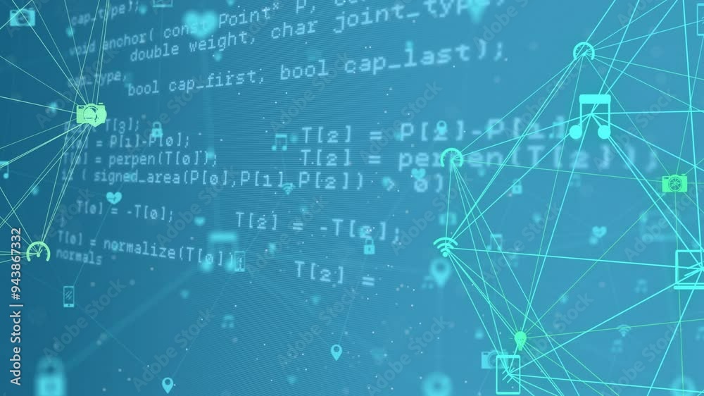 Aufkleber animating programming code and network connections over blue background with geometric shapes