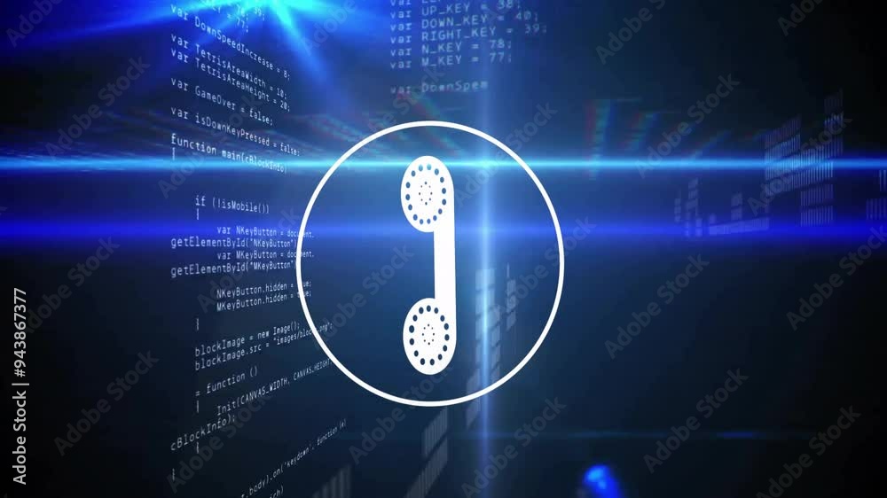 Poster phone receiver icon animation over computer code and digital data background