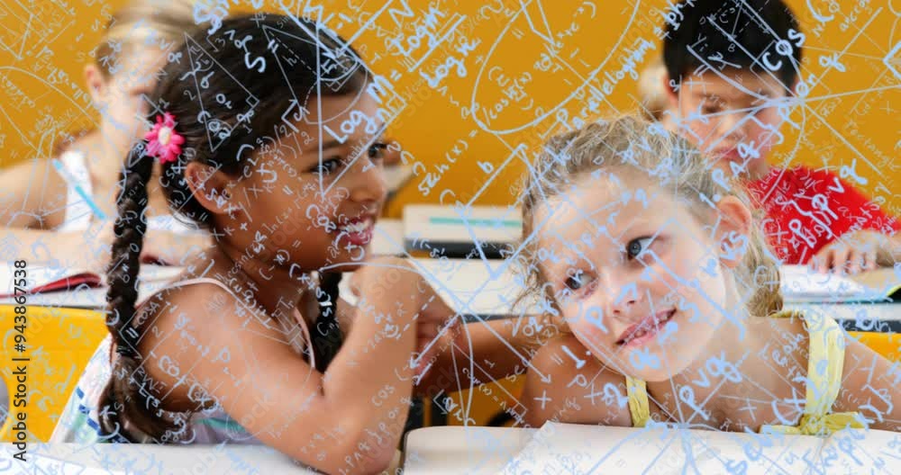 Poster mathematical equations and graphs animation over children studying in classroom