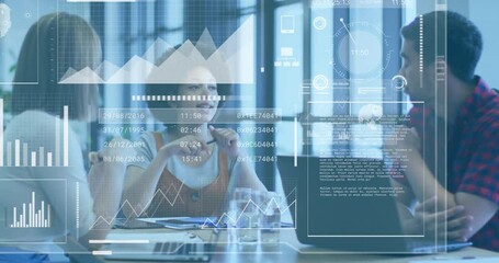 Discussing in business meeting, diverse team with binary code animation in office - Powered by Adobe