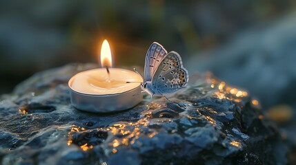 A bright grey butterfly perched atop a tiny circle candle