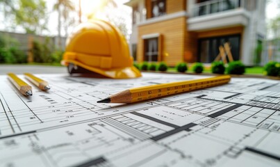 A detailed architectural blueprint rests on the table alongside a yellow safety helmet and pencil, evoking a sense of design and planning for future constructions