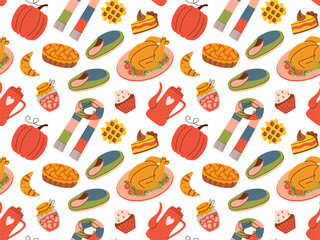 Flat style seamless autumn pattern with cozy fall elements like pumpkins, slippers, pies, scarves, and warm drinks. Ideal for seasonal designs, textiles, wrapping paper, or digital backgrounds.