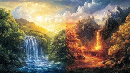 natural elements harmony, embrace the peaceful harmony of natures elements, uniting earth, wind, fire, and water to craft the enchantment of existence