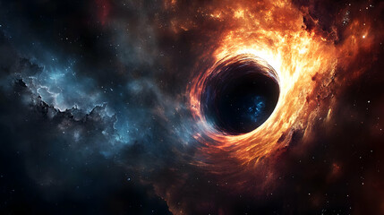 Naklejka premium Black hole in deep space with bright orange glowing clouds.