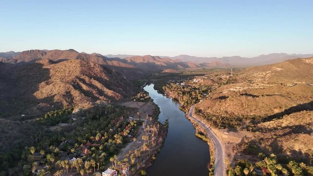 Drone shot of river and oasis in moulage, baja california sur mexico