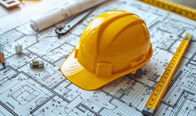 An architectural blueprint lies on a clean table, accompanied by a vibrant yellow safety helmet and a pencil. The intricate design illustrates the planning stage of a construction project