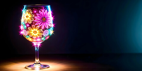 Neon glowing abstract floral pattern forming a wine glass concept as An abstract floral pattern with neon glowing edges forms the shape of a wine glass set against a dark elegant background. The camer