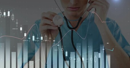 Using stethoscope, doctor examining financial data analysis animation on screen - Powered by Adobe