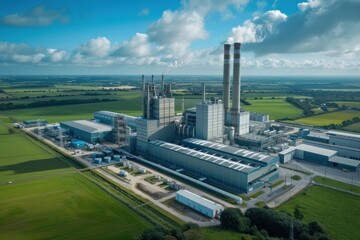 A large industrial plant with a lot of tall smokestacks