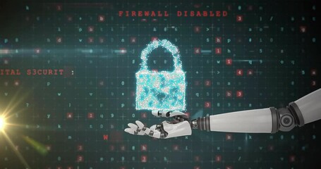 Robot hand holding digital lock, firewall disabled animation over matrix background