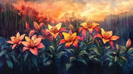 Watercolor illustration of flourishing lilies at sunset glistening after a heavy rain in rich soil