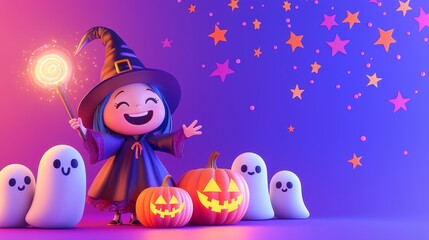 A Cheerful Witch with Glowing Wand Surrounded by Halloween Pumpkins and Ghosts