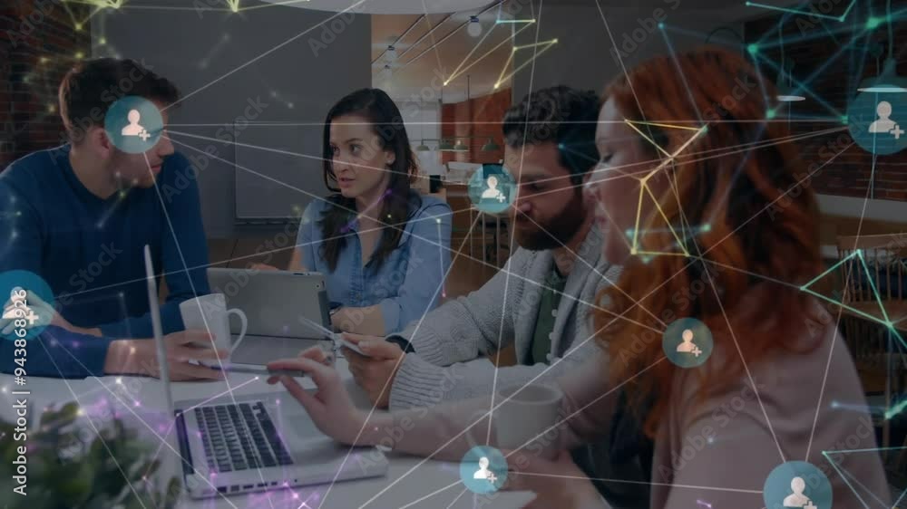 Wall mural collaborating business team with network connections and data processing animation