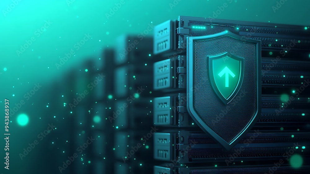 Poster secure data servers with digital security shield icon, representing network protection and backup so