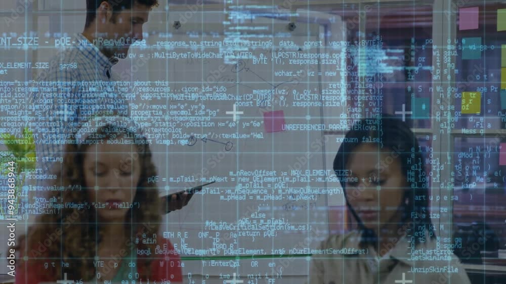 Aufkleber programming code animation over diverse people working in office setting