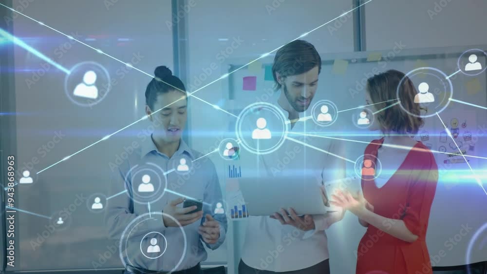Poster collaborating business people with network of connections and data processing animation
