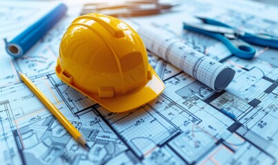 A detailed blueprint of an architectural project lays on a workspace table, accompanied by a bright yellow helmet and a pencil, showcasing creativity and planning