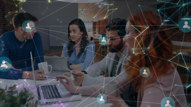 Collaborating business team with network connections and data processing animation
