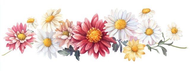Watercolor illustration of chrysanthemum daisy and chamomile flowers on a white background Hand drawn seasonal blooms ideal for greeting cards and floral designs Clipart suitable for wedding celeb