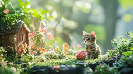 Obraz premium Adorable Miniature Cat Figurine Playing with Ball in Enchanting Garden Landscape