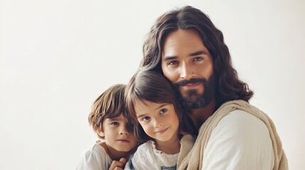 A warm, familial embrace featuring a man with long hair and two children.
