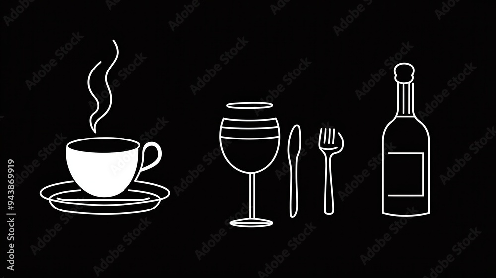 Wall mural this elegant vector line design showcases a steaming cup, wine glass, utensils, and a bottle, reflec