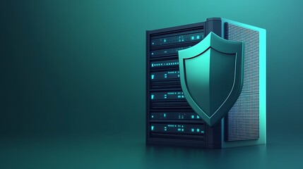 Secure server room with shield symbolizing data protection, cybersecurity, and information safety in a modern technological environment.