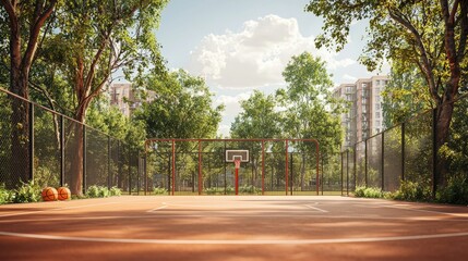 Naklejka premium Outdoor basketball court in a park surrounded by trees and buildings
