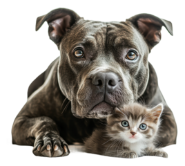 PNG A pit bull lying beside a small kitten indoors