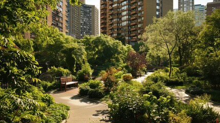 Serene Urban Oasis: Panoramic View of Green Park in High-Rise Building Complex