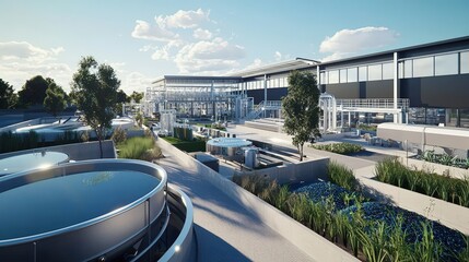 Fototapeta premium A modern industrial complex featuring water treatment facilities and lush green landscaping under a clear blue sky.