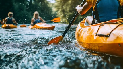Friends Kayaking Down a Lush River Surrounded by Verdant Nature