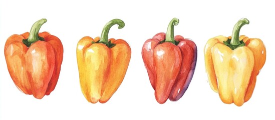 Watercolor illustration of red and orange bell peppers hand drawn on a white background