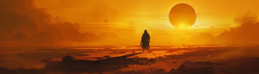Obraz premium A majestic sunset over a tranquil landscape, featuring a solitary figure silhouetted against the vibrant orange sky.