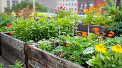 Urban Oasis: Close-Up of Lush Rooftop Garden with Vibrant Vegetables, Fragrant Herbs, and Colorful Flowers Blooming in Raised Beds on City Building