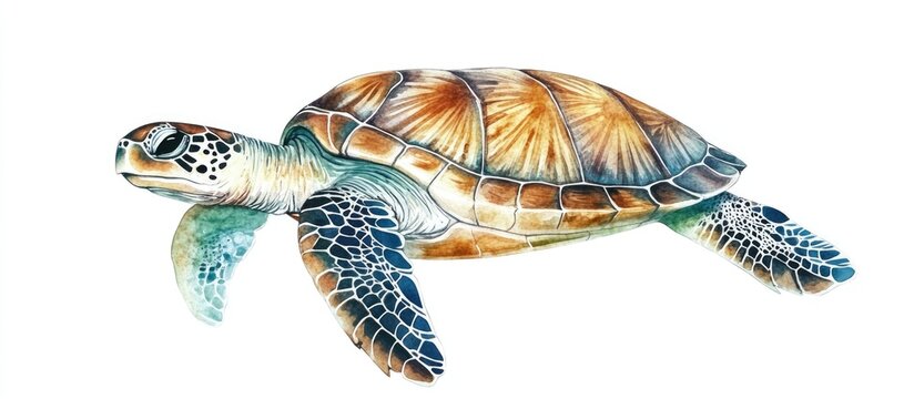 Watercolor illustration of a turtle in the sea isolated on a white background