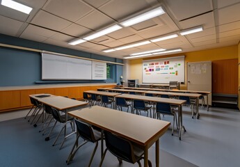 Empty Classroom with Desks and Whiteboard