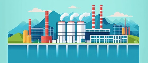Obraz premium A modern industrial landscape featuring factories, smokestacks, and mountains, illustrating the essence of manufacturing and energy.