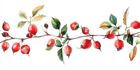 Watercolor illustration of decorative rose hips on a white background