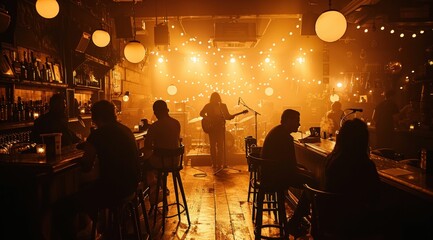 Live music performance in a cozy bar with warm lighting and vibrant atmosphere