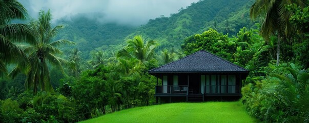 Obraz premium Solar-powered eco-lodge in a rainforest, natural energy generation, conservation of natural environments